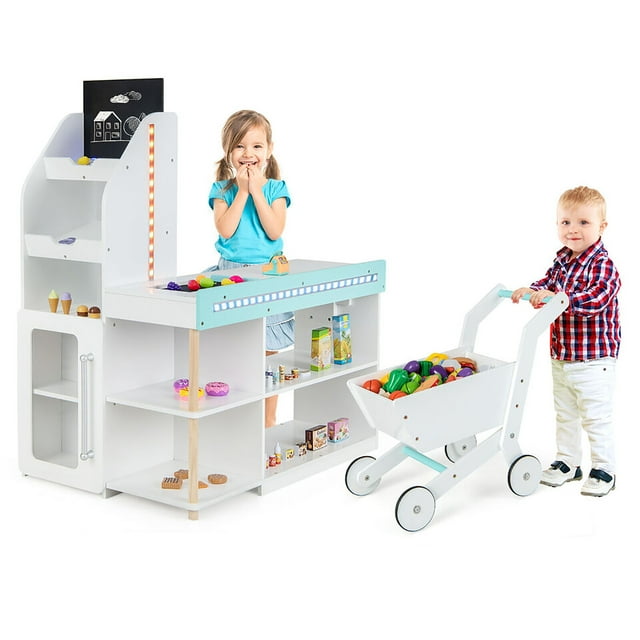 Gymax Kids Supermarket Shopping Set w/ Shopping Cart Blackboard LED Lights Interactive