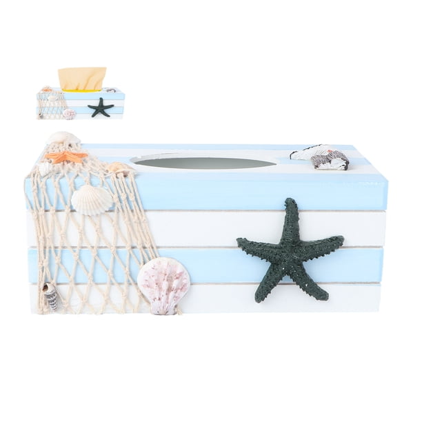 Caja de pañuelos decorativa mediterránea de madera para guardar manualidades, decoración de escritorio para el hogar (estrella rayada)