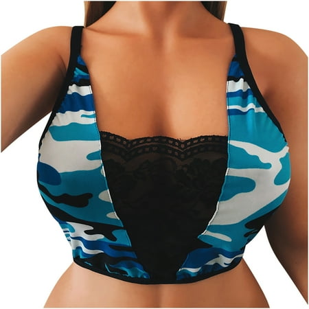 Mrat Sports Bra with Sewn in Pads Bras for Women Camouflage Print Seamless Lingerie Lace V-Neck Strappy T Shirt Bra Beauty Back Underwear S-257 Blue S