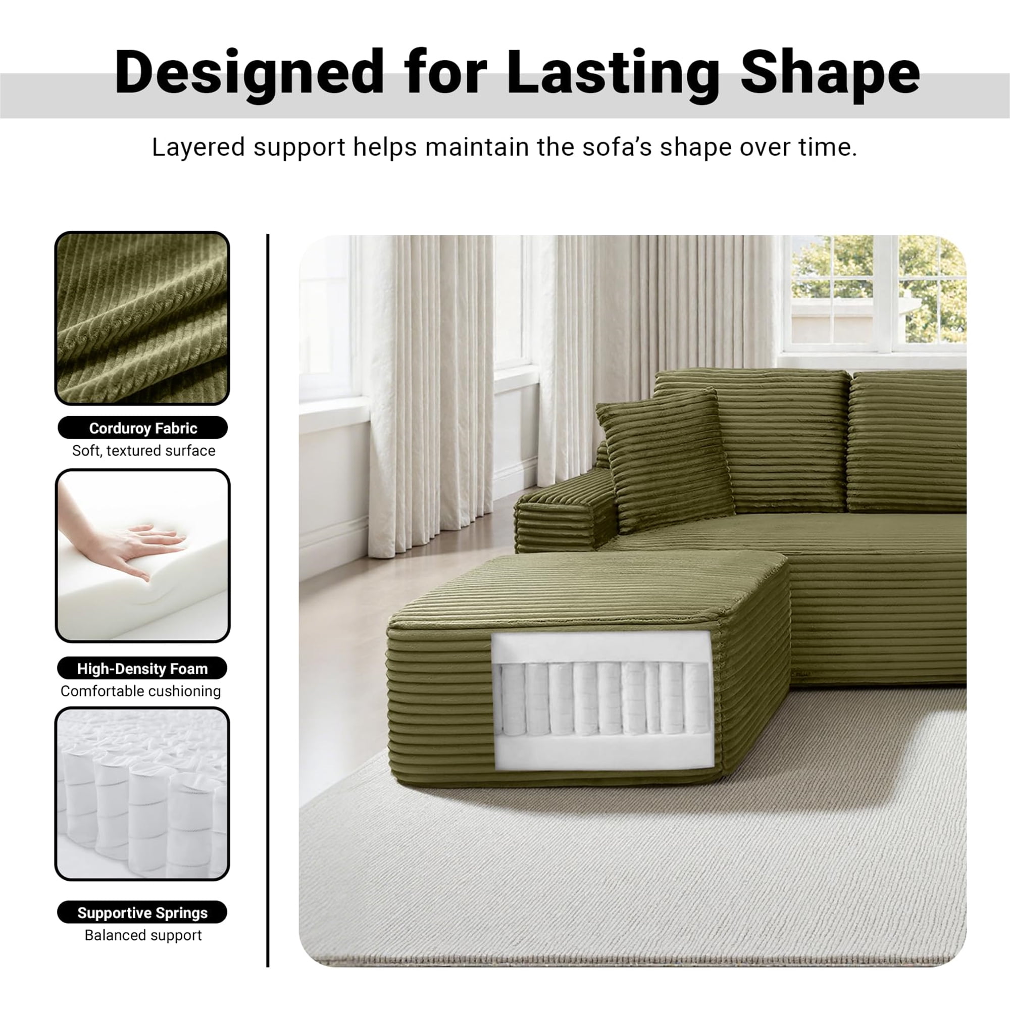 Aukfa 111" Cloud Sectional Sofa Deep Seat Boneless Couch with USB&Cupholdes Storage Console, Modular L-Shaped Couch for Living Room, Corduroy, Green
