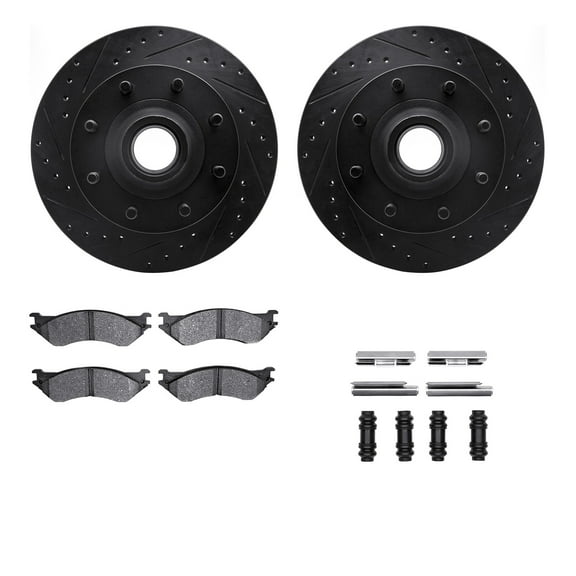 Dynamic Friction Company Front Brake Rotors-Drilled and Slotted-Black with Heavy Duty Brake Pads includes Hardware 8212-99117