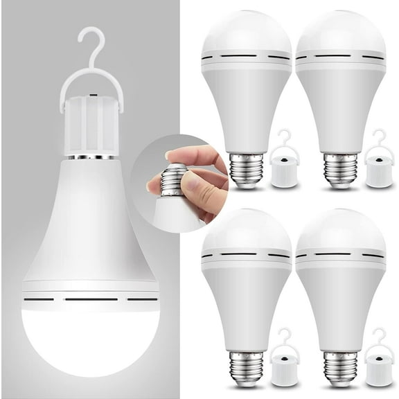 4 Pack Emergency Rechargeable LED Light Bulbs, 15W Battery Backup Bulbs for Power Outage E27