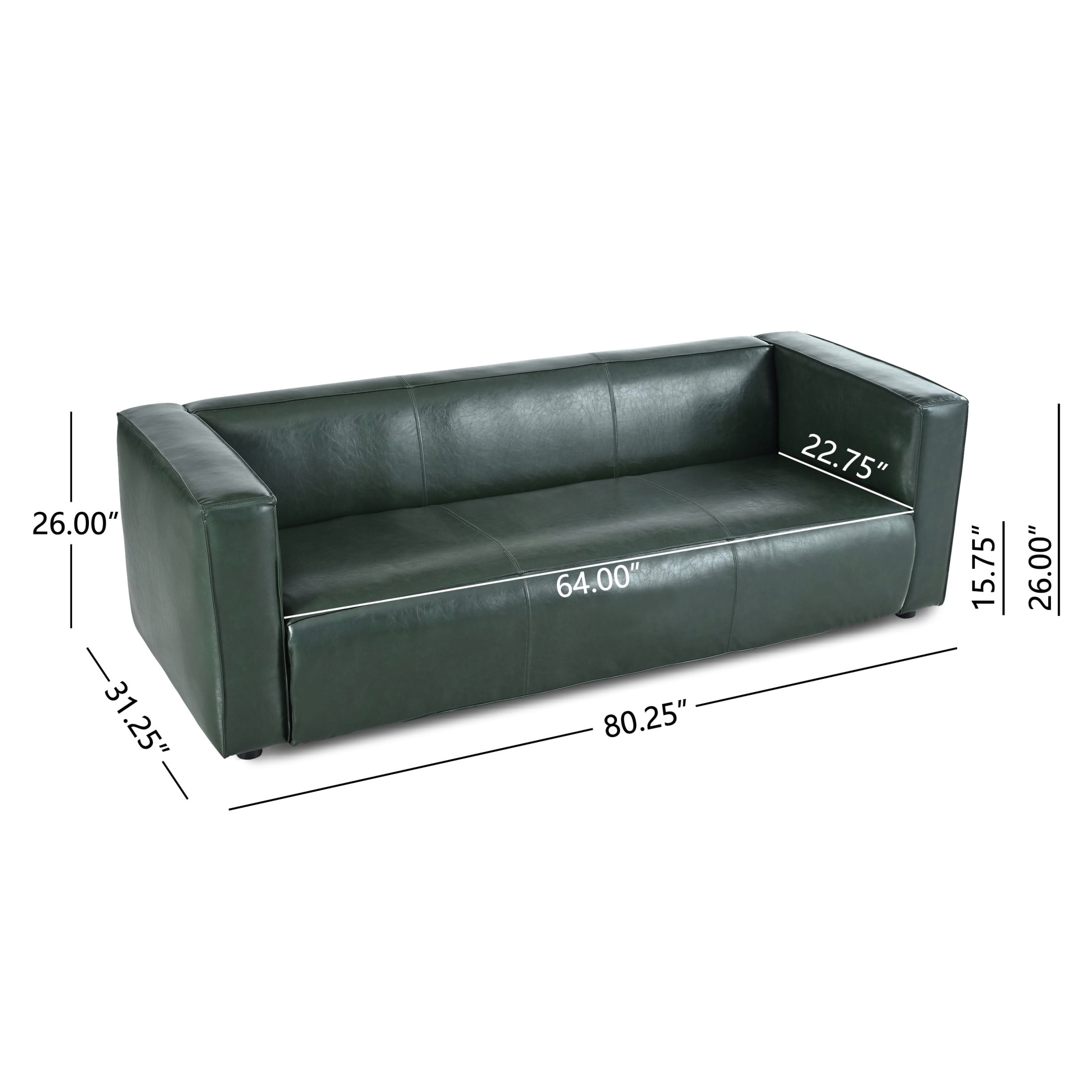Christopher Knight Home Minimalist 70” PU Leather 3 Seater Sofa Couch, Solid Wood legs, Green
