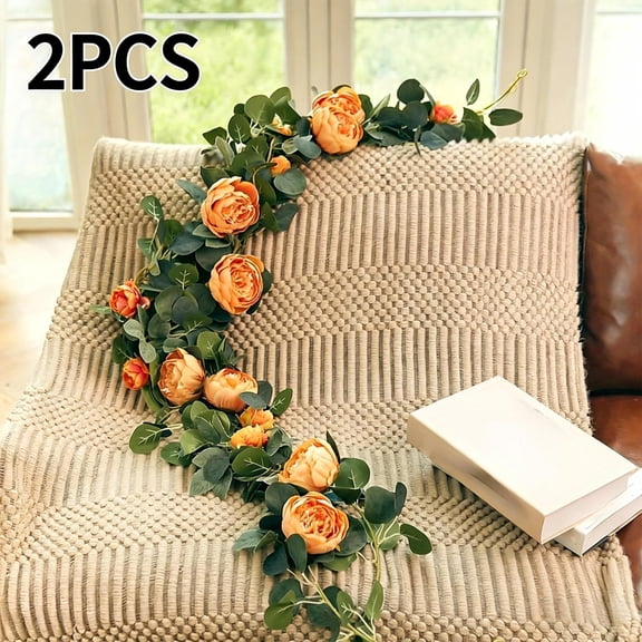 2 Pack Artificial Orange Rose Vines Floral Garlands Total Fake Vine Silk Flower Garland for Indoor Outdoor Home Wedding Arch Garden Wall Decoration