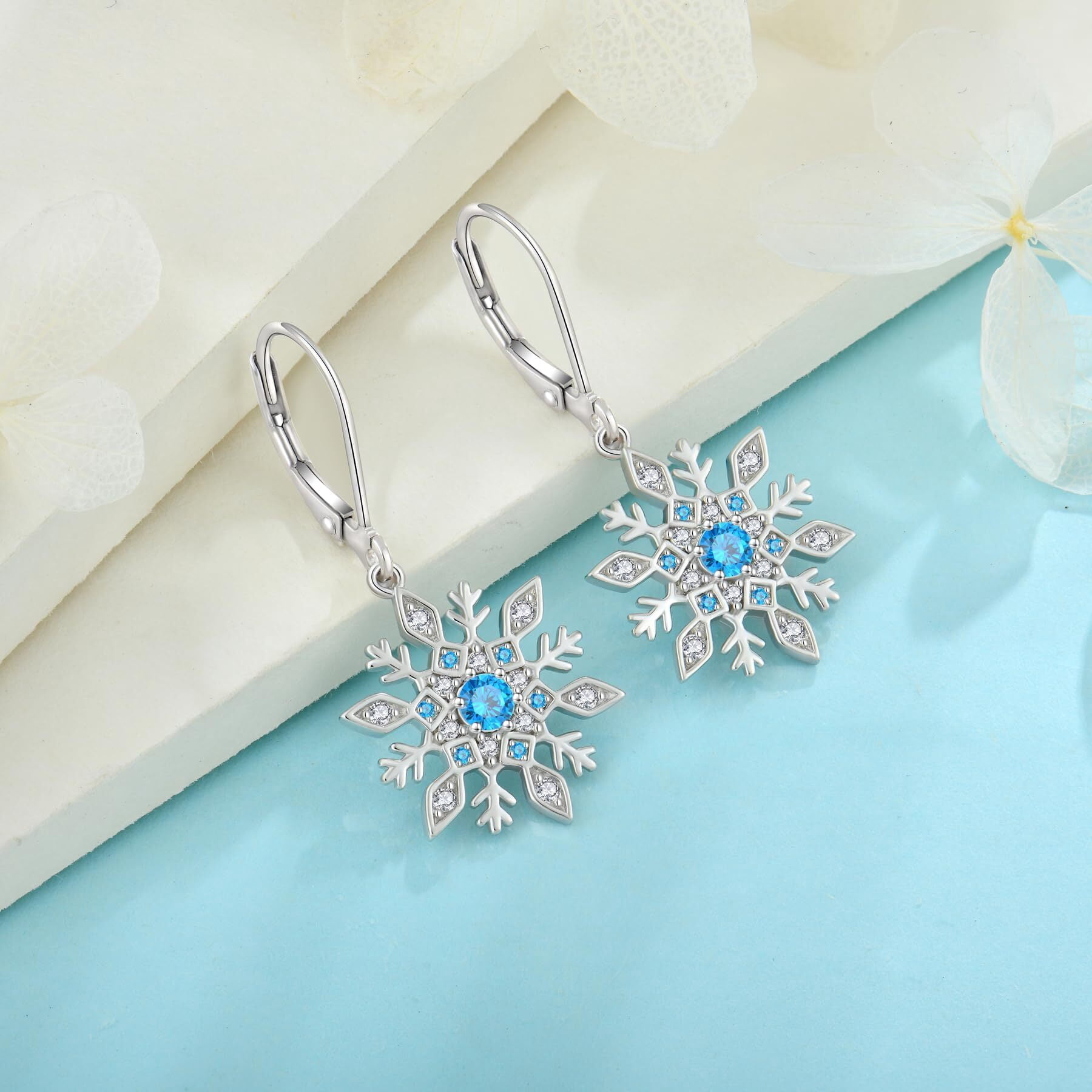Inpasne Snowflake Earrings for Women 925 Sterling Silver Leverback Earrings Aquamarine Dangle Drop Earrings Christmas Gift for Her Mom