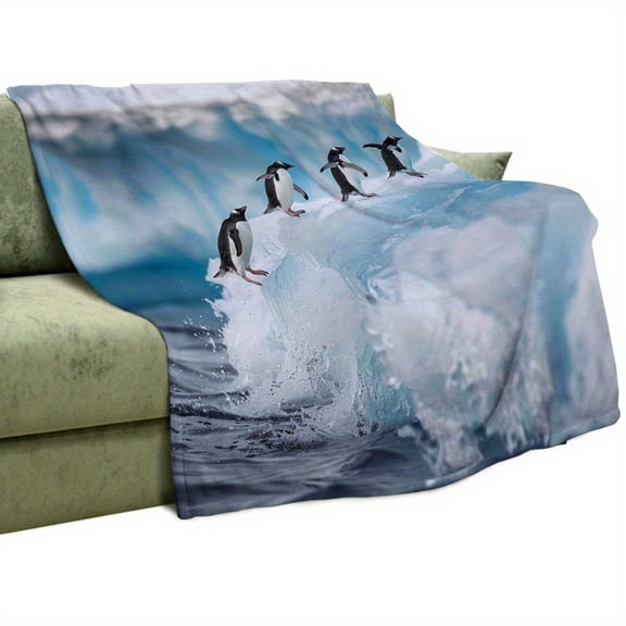 Antarctic Penguin Throw Blanket - Ultra-Soft 280GSM Flannel All-Season Cozy Bed & Couch Blanket with Ice Sheet Penguin & Wave Design, Contemporary Blue & White for Sofa, Bed, Camping, Office - Ideal