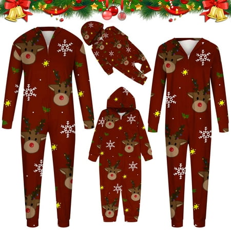 

YYDGH Matching Christmas Onesies Pajamas for Family Vacation Cute Deer Print One-Piece Pajamas Xmas Hooded Sleepwear Nightwear