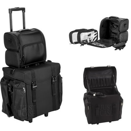 2 In 1 All Black Nylon Soft Sided Professional Rolling Makeup