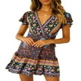 thumbnail image 1 of MesaSe Robe Bohème pour Femmes Motif Floral Manches Courtes Col en V Profond Design Taille Robe Courte Plissée Ample pour Vacances à la Plage, 1 of 6