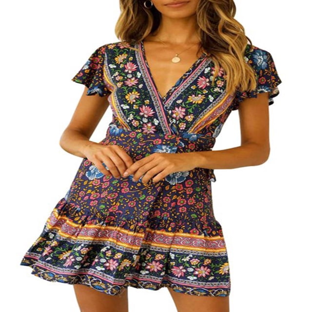MesaSe Robe Bohème pour Femmes Motif Floral Manches Courtes Col en V Profond Design Taille Robe Courte Plissée Ample pour Vacances à la Plage