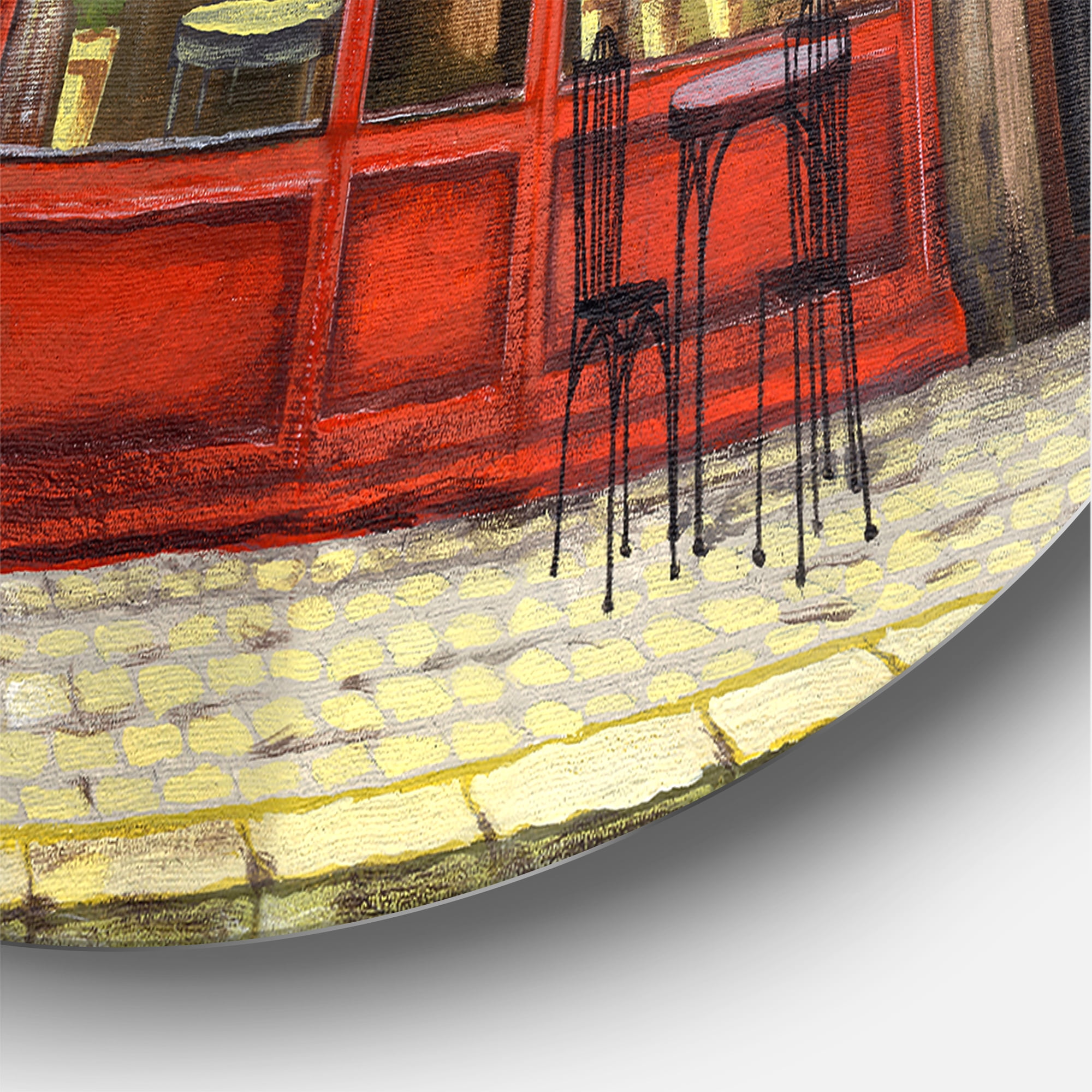 Designart 'Red Facade of Charming Shop In Paris Street II' French Country Circle Metal Wall Art 11x11 - Disc of 11