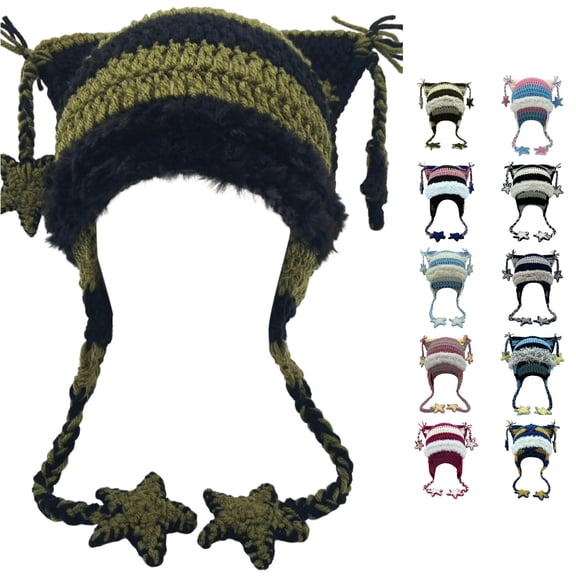 XIAOCHA Women’S Star‑Tassel Earflap Trapper,Crochet‑Knit Hats,Fall‑Winter Outdoor Skullcap,Dark Green