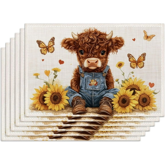 Cute Highland Cow Cloth Placemats Set of 6,Farmhouse Sunflower Butterfly Washable Placemats, Non-Slip Heat-Resistant Table Mats for Dining Home Kitchen Holiday Party 12x18 Inch