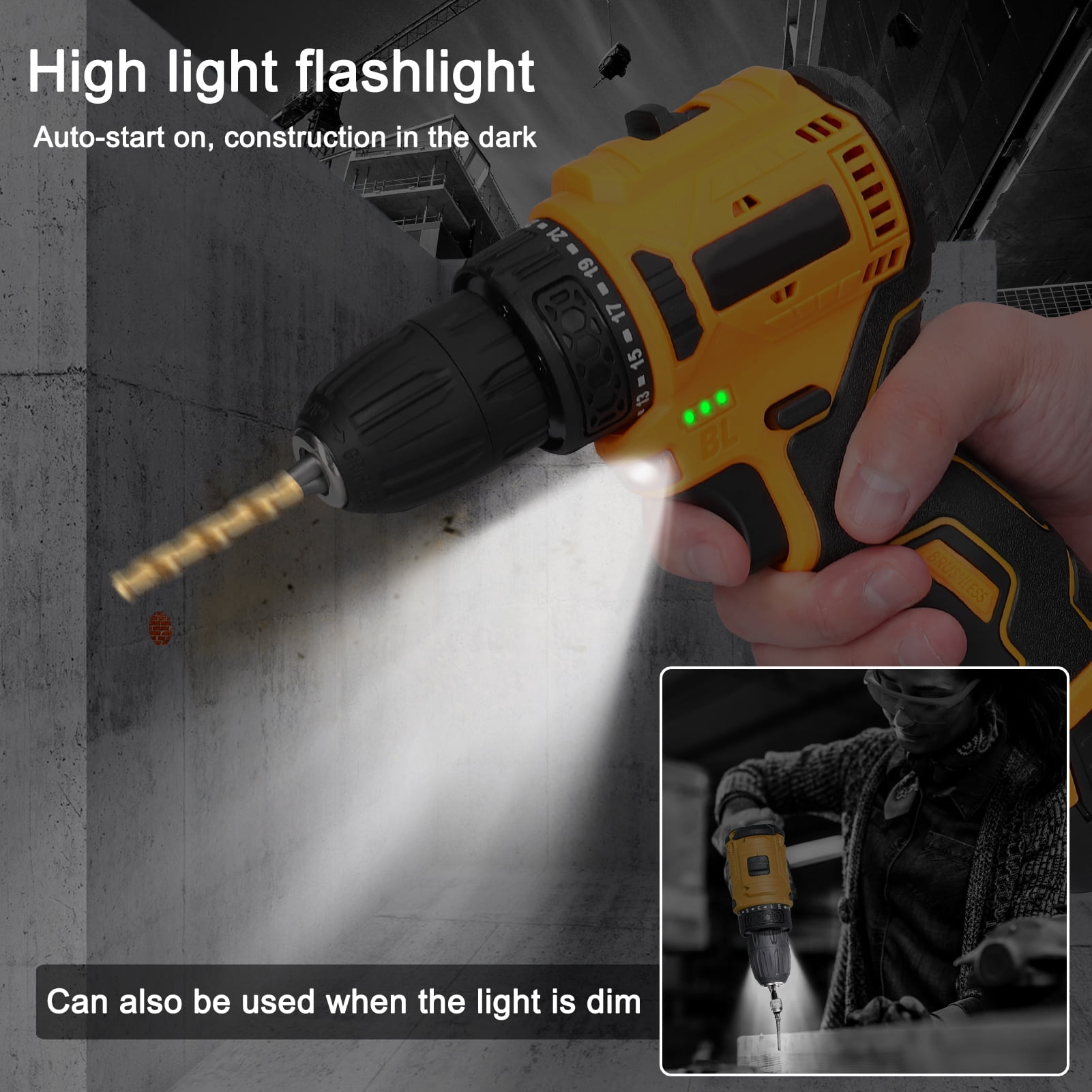 16.8v Geevorks 16.8V Cordless Driver Drill Household Brushless Motor Electric Screwdriver Regulation Rotation Ways Adjustment Lithium Drill Home Improvement Power Tool