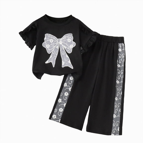 mgoYE Toddler Baby Girls Clothes 2 Piece Outfit 9 12 18 24 Month Short Sleeve Top   Bow Pants Girls Spring and Fall Outfits(Black,2-3 Years)