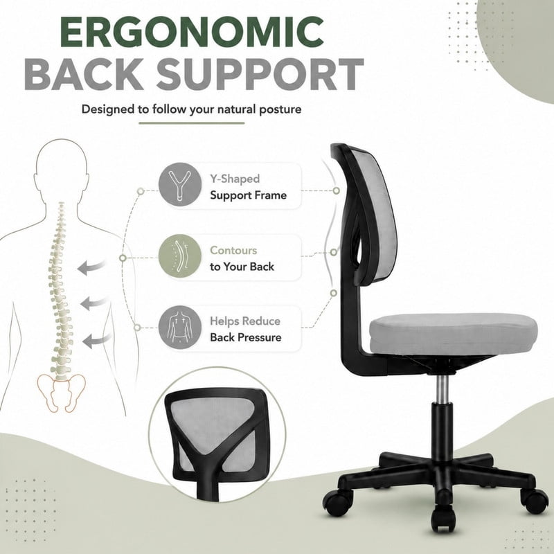 BEAUTYPEAK Desk Chair with Y-Shaped Lumbar Support Adjustable Armless Mesh Office Chair with Wheels for Home Office, Gray