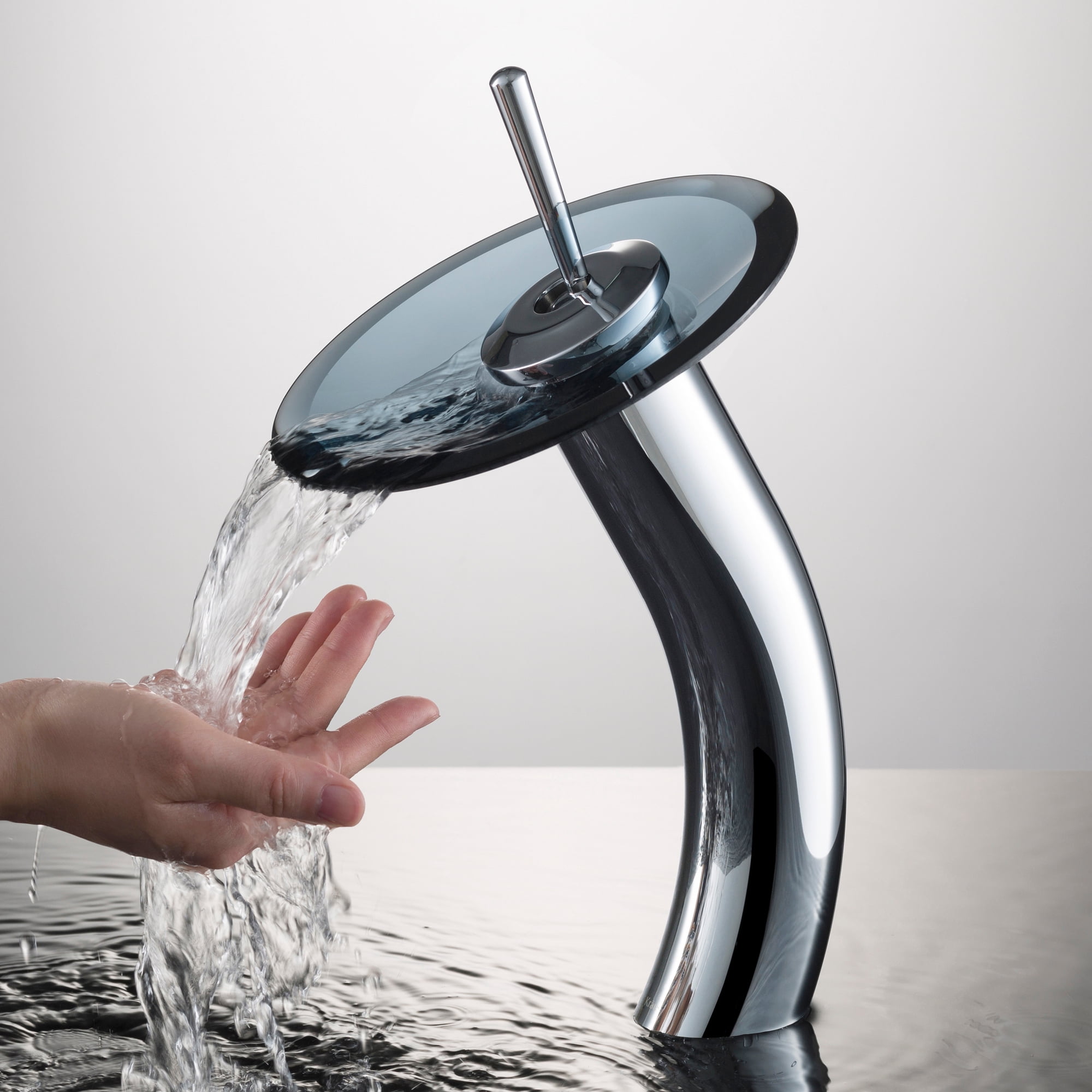 KRAUS Tall Waterfall Bathroom Faucet for Vessel Sink with Clear Black Glass Disk and Pop-Up Drain, Chrome Finish