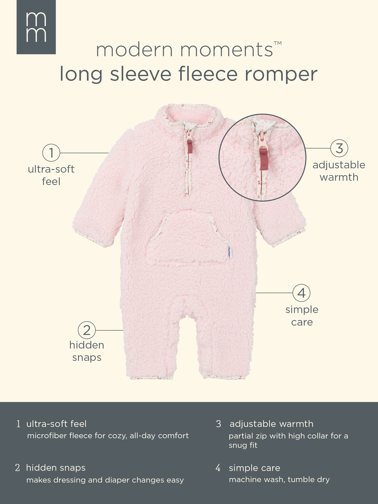 Gerber Baby NeutralLong Sleeve Fleece Romper, Sizes 0/3 Months - 24 Months
