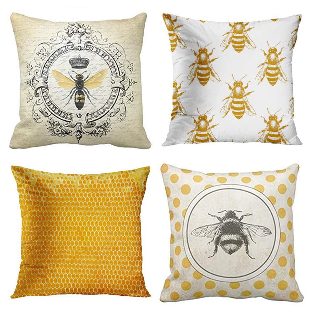 SUFAM Set of 4 Pillow Cases Bee Honey Yellow Modern Vintage French