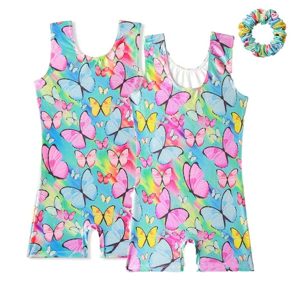KYAIGUO Kids Toddler Gymnastics Leotards with Hairband for Girls Athletic Dance Wear Matching Hair Scrunchie Flowers Pattern Dance Unitards Biketards Activewear Sleeveless Biketards for 3-12 Years
