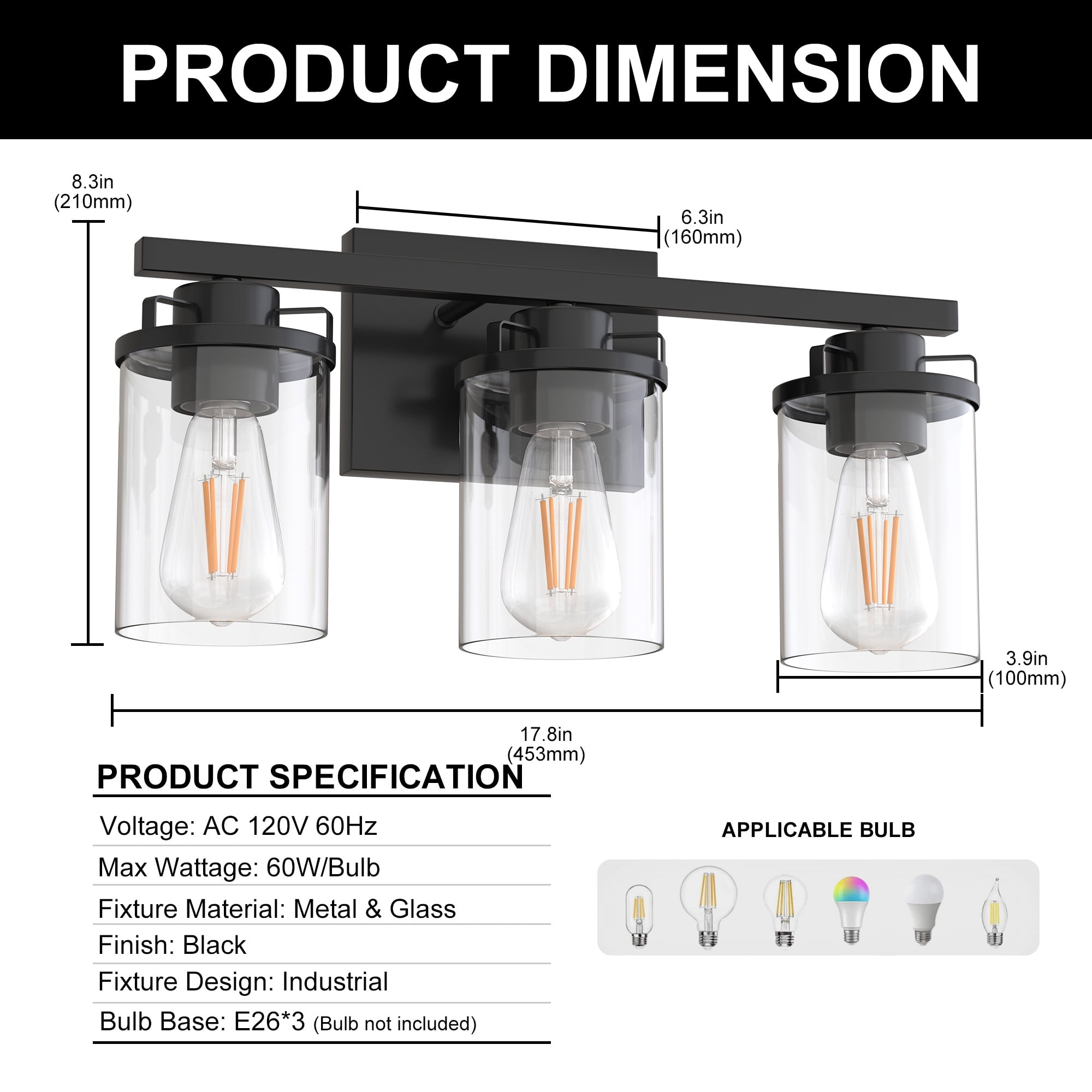 YANSUN  17.8 in 3-Light Black Vanity Light with Clear Glass Shades for Budget Bathrooms, Powder Room, Vanity Table