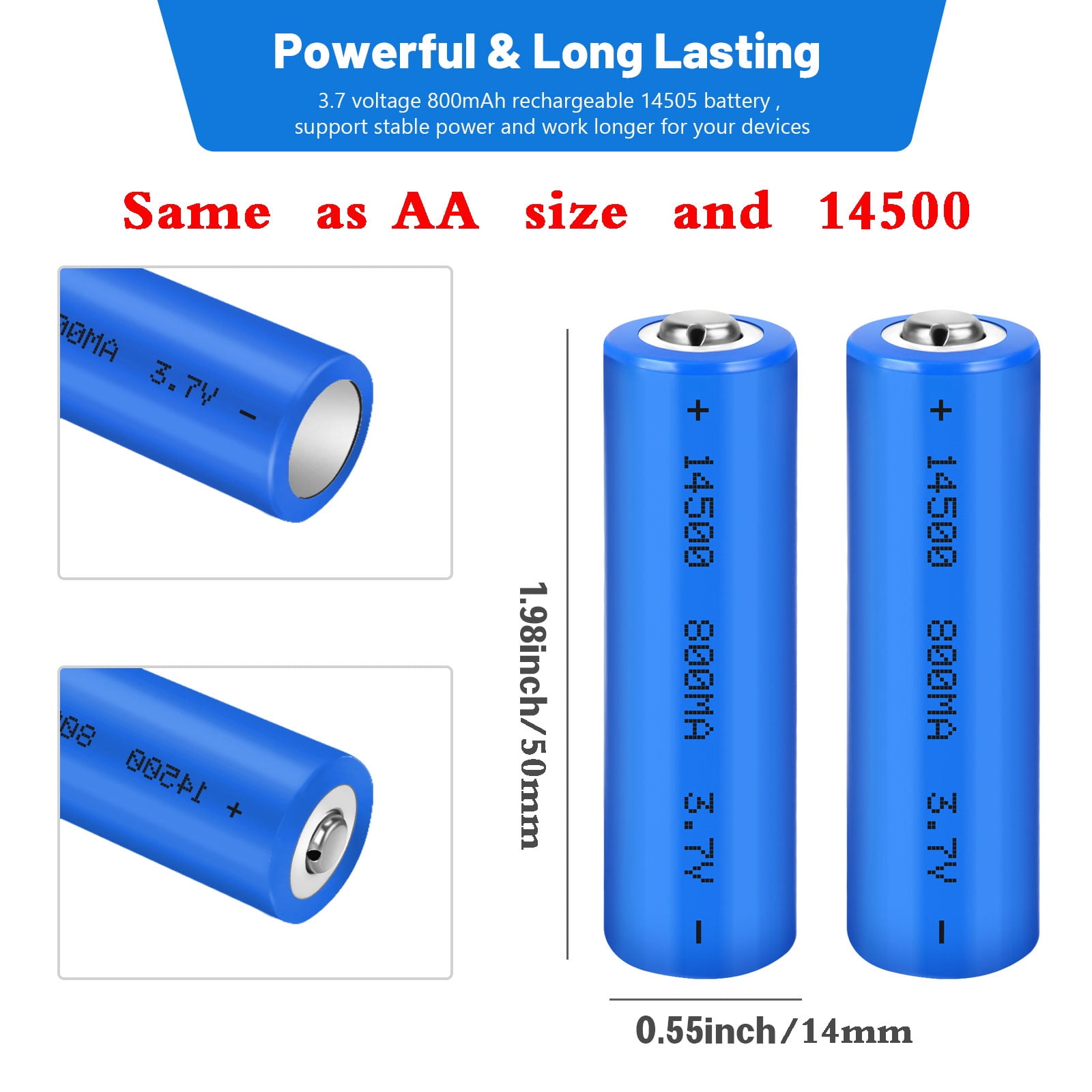 4-Pack 3.7V 14500 Li-Ion Rechargeable Batteries