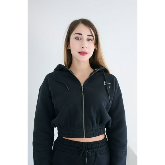 Revive Loungewear Cropped Full Zip Up Hoodie for Women - Long Sleeve Drawstring Jacket Top Sweatshirt - Black, Small
