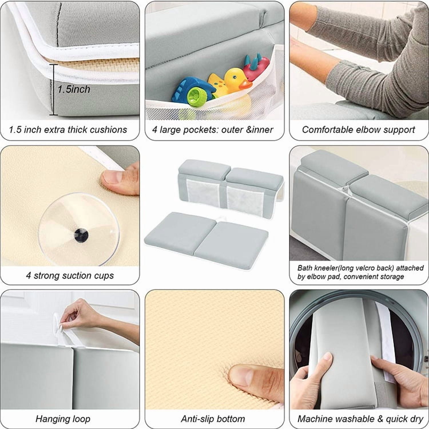 FTCBJJA Baby Bath Kneeler and Elbow Rest Pad Set, Built-In 4 Toys Organizer Pockets, 1.5" Thick Painless Non-Slip Bath Kneeling Mat for bathing baby or pet (Light Gray)