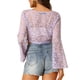 thumbnail image 3 of Top de encaje transparente de cuello en V con mangas de campana elegante y recortado INSPIRE CHIC para mujer color púrpura S, 3 of 6