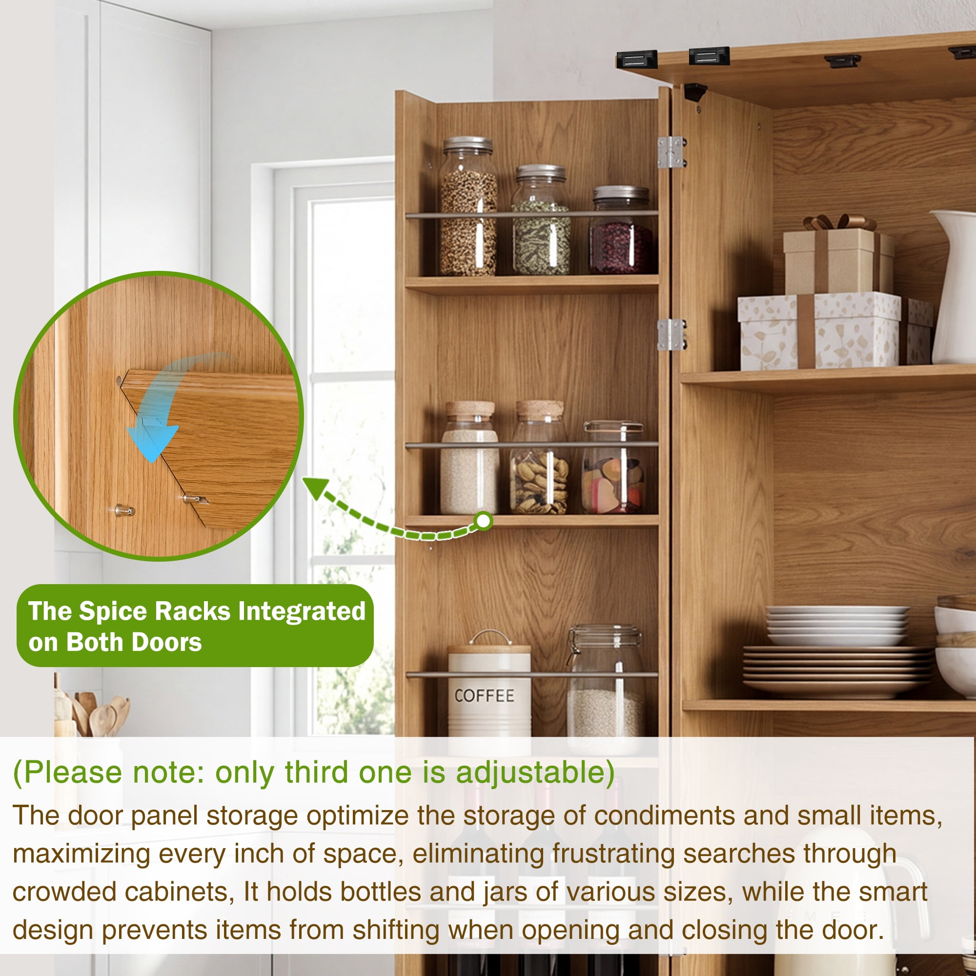Howcool 72"H Fluted Kitchen Pantry Cabinet,Freestanding Storage Organizer with 2 Large Drawers,8-Door Spice Racks & Adjustable Shelves for Kitchen,Dining Room,Bathroom,Entryway,Oak