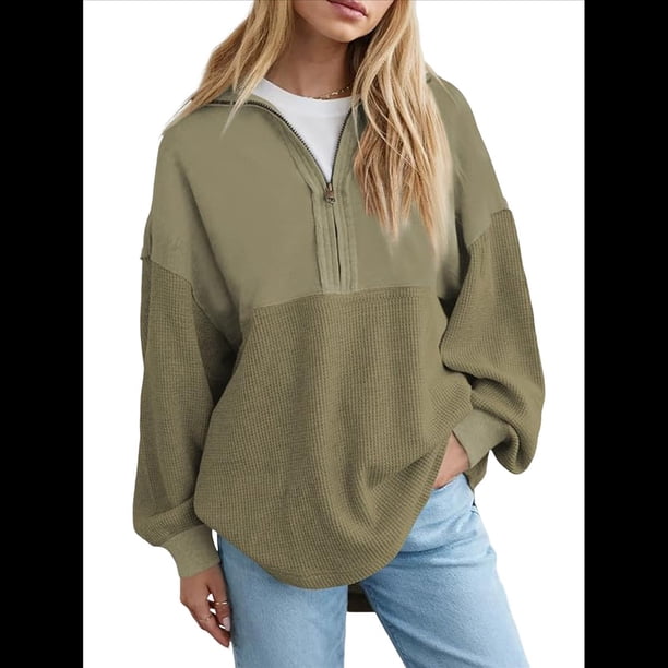 Sudadera Informal de Mujer con Cuello de Tortuga y Media Cremallera, Jersey Holgado de Larga, Ropa de Otoño Verde XL