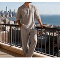 thumbnail image 6 of Amzcrzy 2 Piece Sets for Men Gray Cotton Linen Long Sleeve Henley Shirt with Rolled Cuff Buttons Drawstring Beach Pants for Men Lightweight Breathable Casual Vaction Outfits with Pockets Gray S, 6 of 8