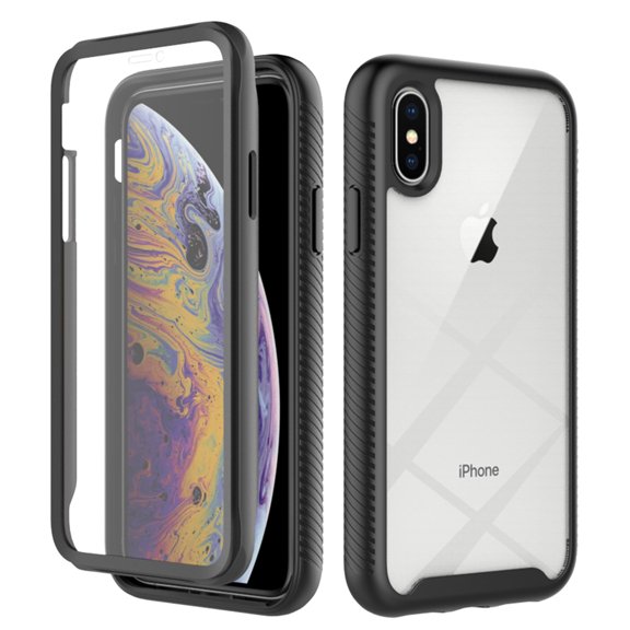 JTCASES for iPhone Xs Max Case with Built-in Screen Protector, 2-Layer Shockproof Back Shell Rugged PC Soft Silicone Bumper Drop Resistant Transparent No-slip Cover, Black
