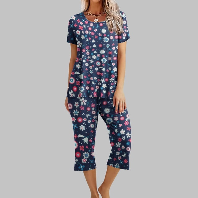 Fankiway Ensemble de Pyjama pour Femmes à Imprimé, Col Rond, Manches Courtes, Chemise de Nuit et Pantalon, Vêtements de Détente avec Poches, Ensemble d'Été pour Femmes, Pièce 3281