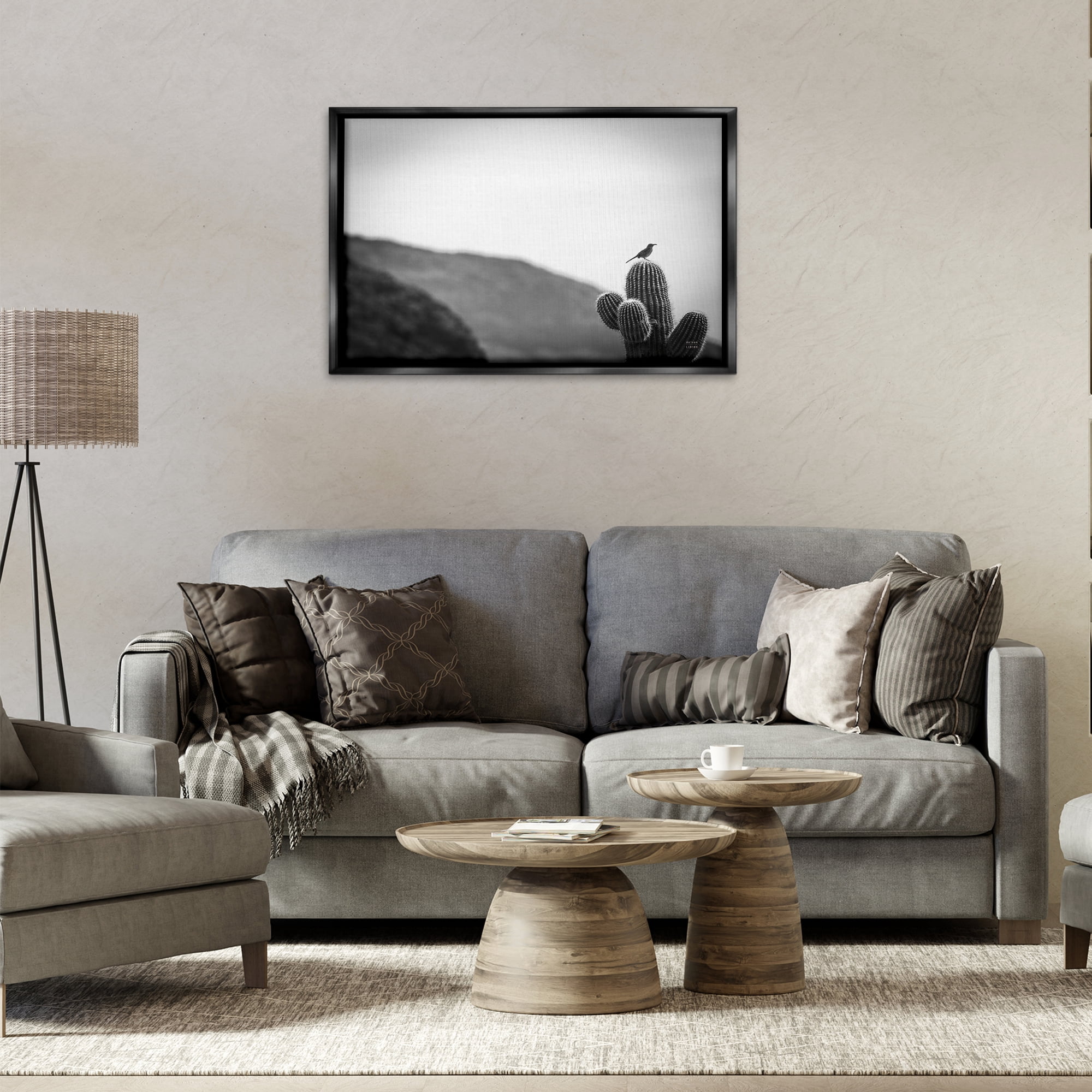 Stupell Industries On Guard Bird & Cactus Landscape & Nature Photography Black Floater Framed Canvas Art Print Wall Art, 31 x 21
