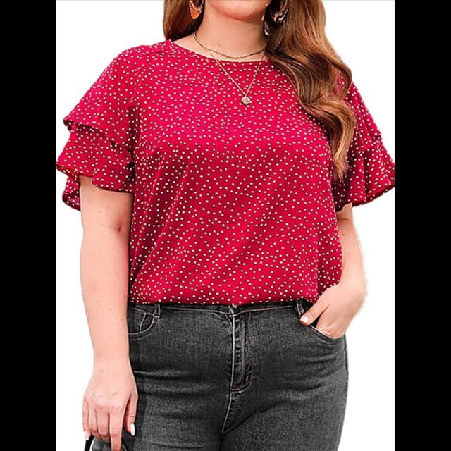 Camiseta Holgada de Cuello Redondo con Lunares y Corta con Volantes para Mujer, Talla Grande Rojo 4XL