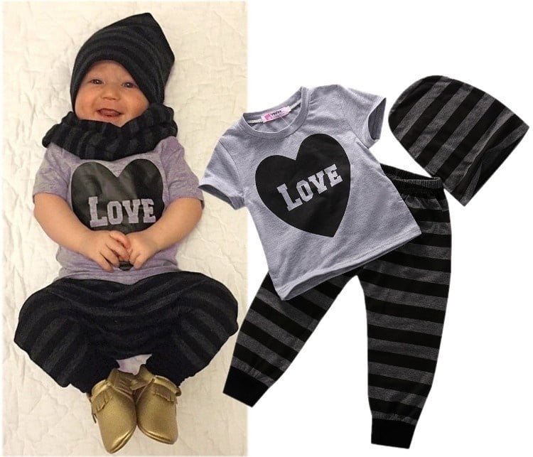 3pcs Fashion Baby Infant Boy Outfits Hat+T-shirt+Floral Pants Kids Clothes Set