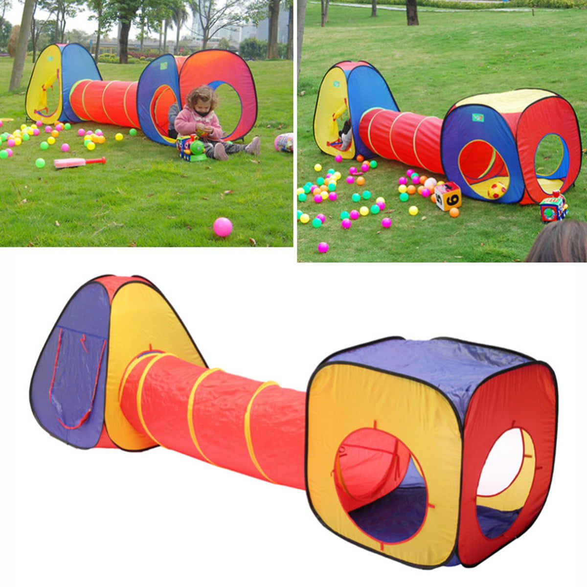 Pop Up Play Tent Tunnel 3 in 1 Ball Pit Tent for Children Indoor/Outdoor/Garden Playhouse Girls Boys Peradix Baby Kids Play Tunnel Tent