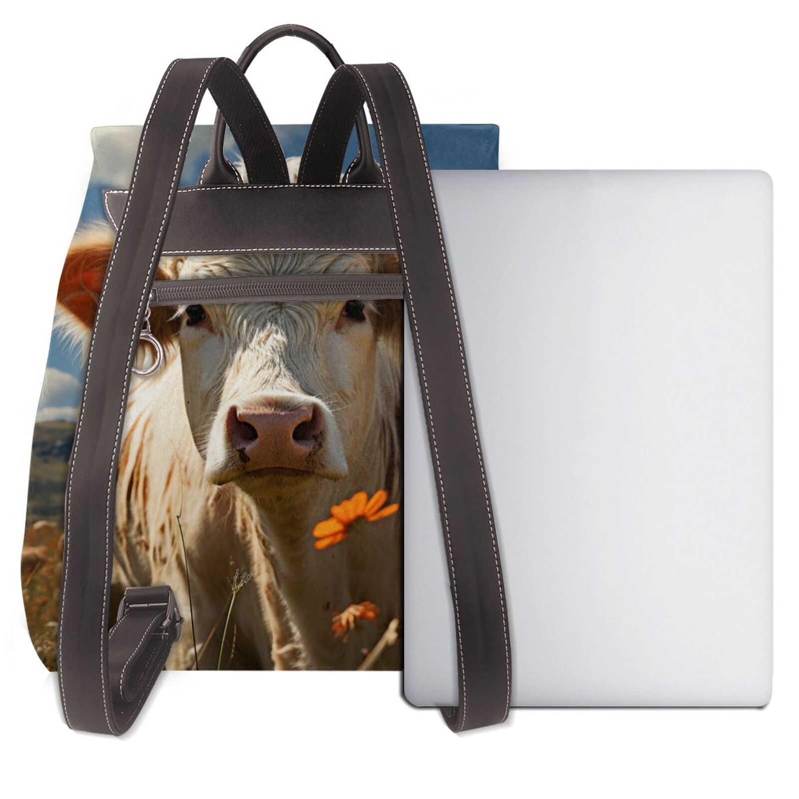 Xecao Daisy Meadow Cow Print Large Backpack Soft Leather for Women Travel with Compartment, Adjustable Convertible Strap