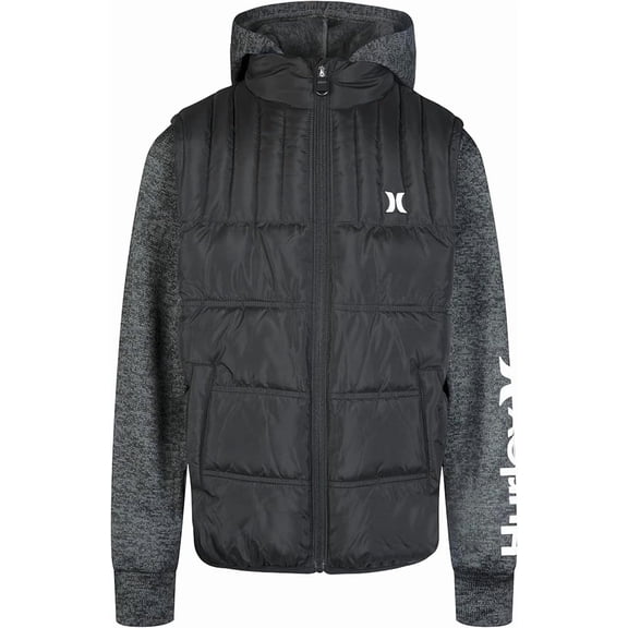 Hurley Little Boys 2fer Puffer Jacket, Black, 4