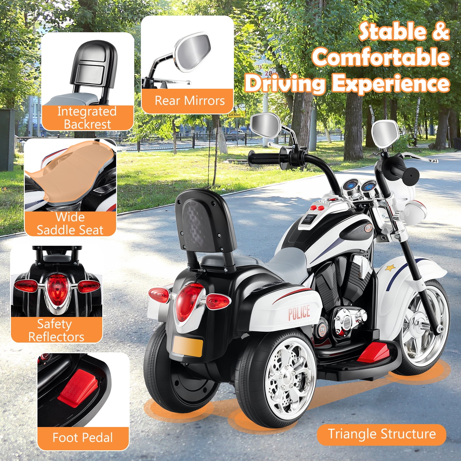 Costway 3 Wheel Kids Ride On Motorcycle 6V Battery Powered Electric Toy Police