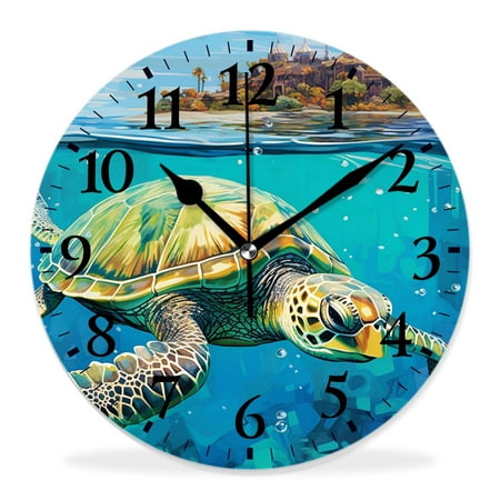 14 Inch Wall Clock Battery Operated Silent Clock Decorative for Office, Kitchen, Outdoor, Living Room,Vintage Ocean Map Turtles Creative Pattern