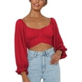 thumbnail image 2 of Puff Sleeve Tie Back Crop Blouse, Fashion Skin Friendly Square Neck All Match Cute Off Shoulder Wrap Crop Top  For Date Work Home Type 1,Type 2,Type 3,Type 4, 2 of 6