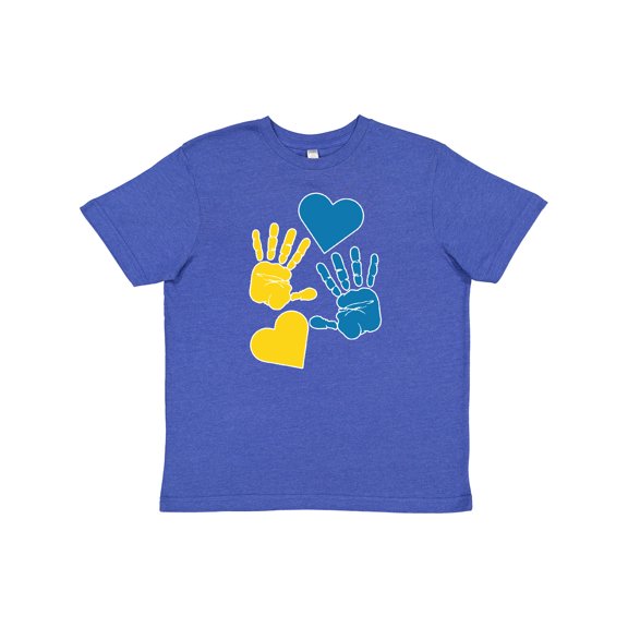Inktastic Down Syndrome Awareness with Handprints and Hearts Blue and Yellow Youth T-Shirt