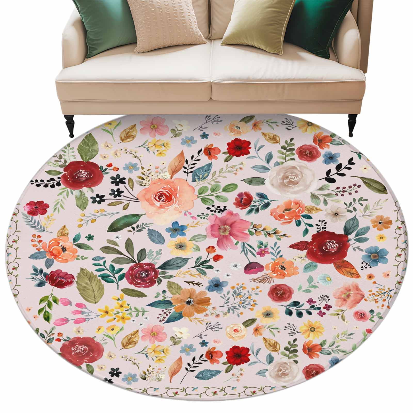 Pink Flowers Large Area Rugs for Bedroom Living Room, Soft Non Slip Carpet Bedside Rug, Spring Farmhouse Floral Leaves Vintage Round Floor Cover Kitchen Accent Rug 6' for Dining Room/Office