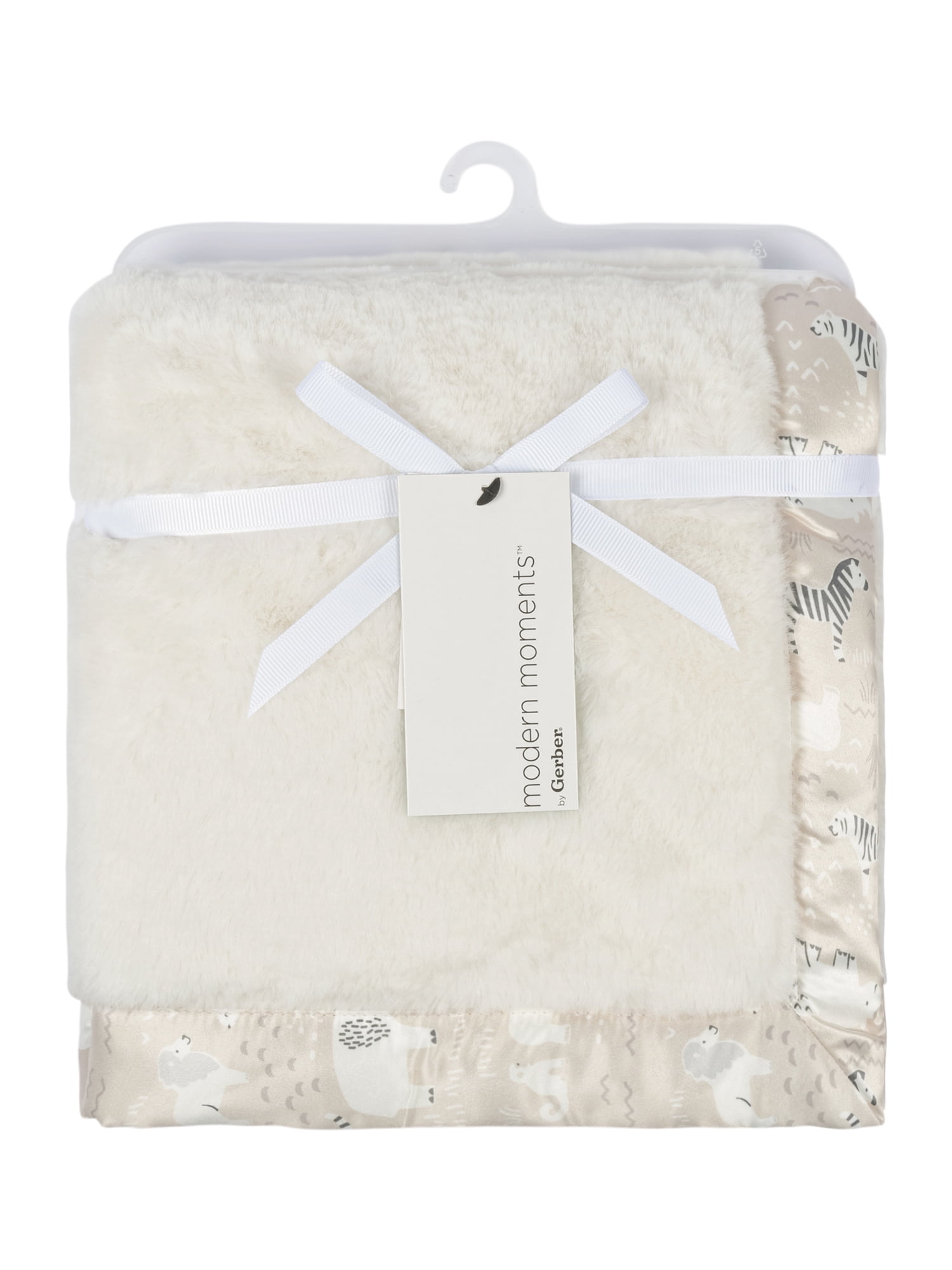 Modern Moments by Gerber Gender Neutral Plush Blanket with Satin Trim, Ivory Safari