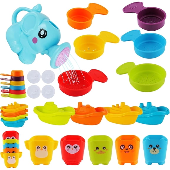 Baby Bath Toys, Toddlers Bathtub Toys, 16 PCS Mold Free Bath Toys for Kids with Floating Boats, Watering Can, Water Cup Set& Bath Spoons, Bathtub Water Pool Toys for Babies and Toddlers