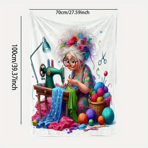 1pc Grandma Sewing-Themed Flannel Blanket - Soft Lightweight All-Season Throw with Vibrant Sewing & Crafting Design, Perfect for Travel, Sofa, Bed, or Office Decor