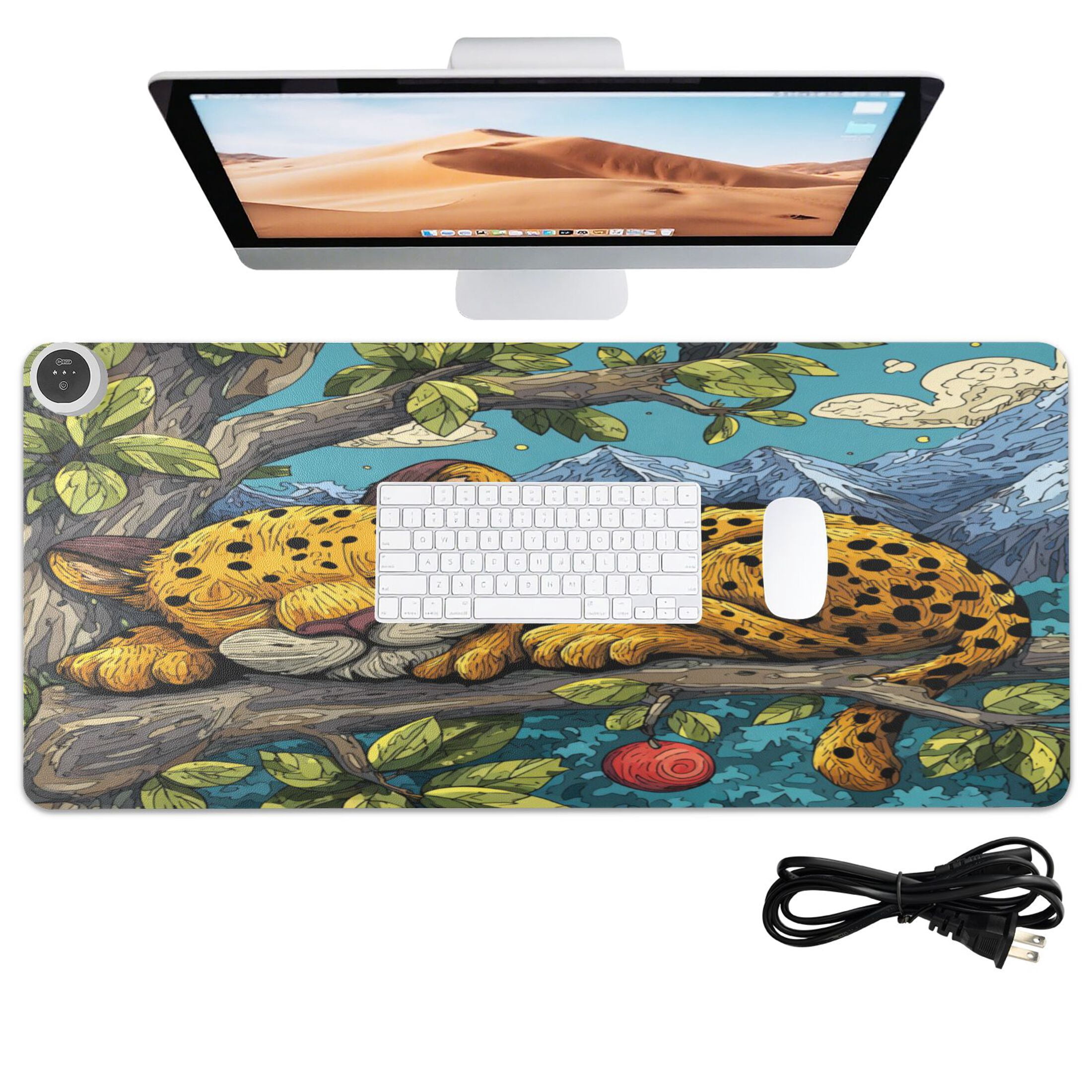 Large Heated Desk Mat Mouse Pad 31.5"x13"PU Leather Graphene Heating Desk Warmer with 3 Temperature Settings 110V US Plug Non-Slip Warm Pad for Home, Office, and Gaming A Cute Leopard Cub Sleeping