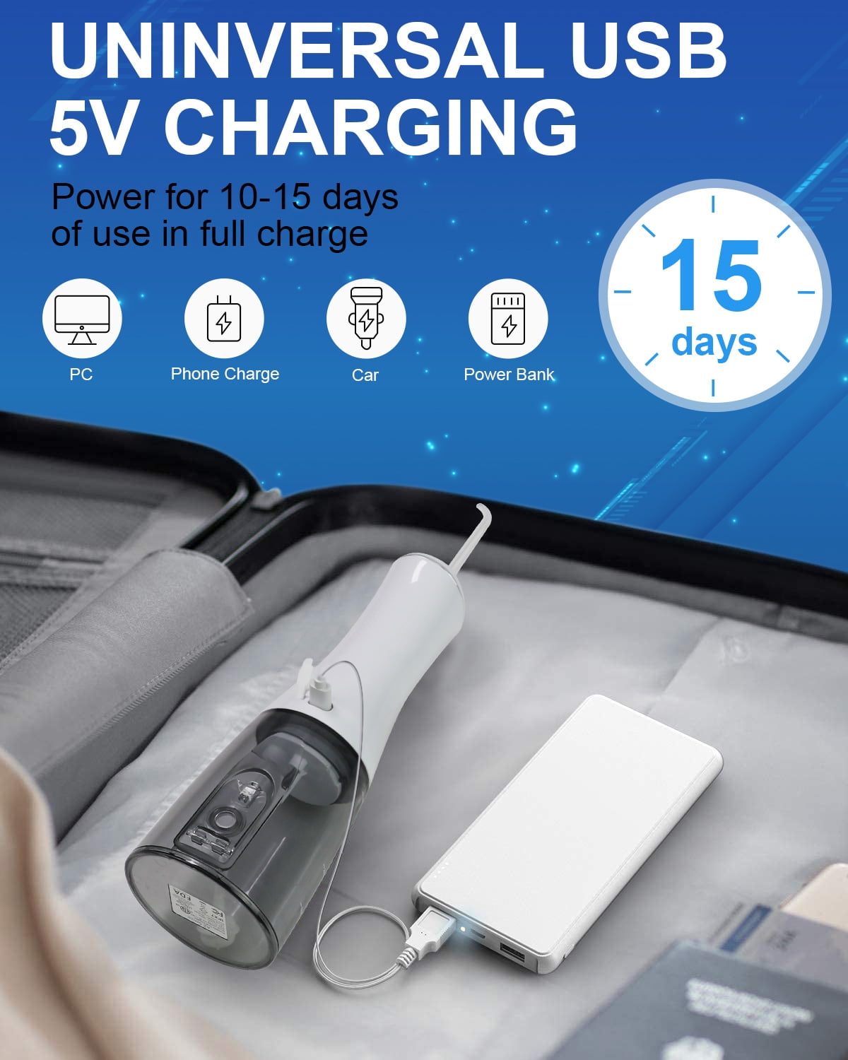 (5 pack) MySmile LP201 OLED Cordless Water Flosser for Teeth Braces, Gums, Dental Electric Power Flosser, Portable Oral Irrigator, 5 Modes, 8 Jet Tips,350ml , White